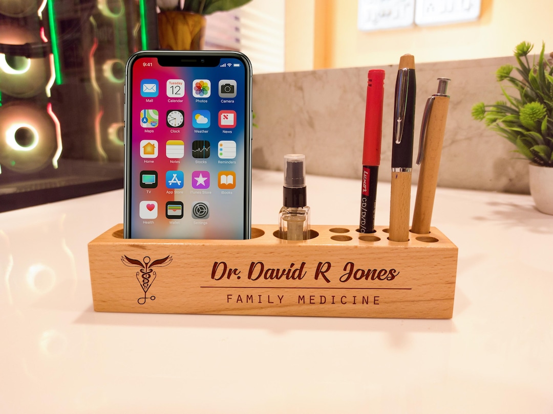 Personalized Doctor Gift Custom Desk Organizer Wood Engraved Pen & Card ...
