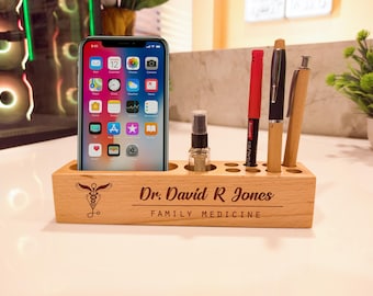 Personalized Doctor Gift: Engraved Wood Desk Organizer with Caduceus