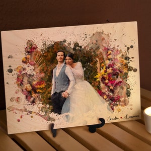 Personalized Watercolor Couple Portrait, Wood Anniversary Gift