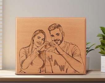 Custom Wood Engraved Line Art Portrait – a gift for pets, couples, and families.