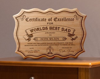Regalo único para papá de hija, hijo/Certificado de mejor papá/Premio papá de niños/placa de madera personalizada grabada