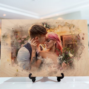 Fotoabzug, Aquarell auf Holz, Paar Portrait, Hochzeitstag Geschenk