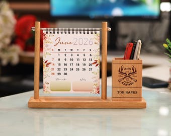 Personalized Desk Calendar 2026 - 2027, Wooden Stand & pen Holder, Desk accessories, Corporate, Promotional gift