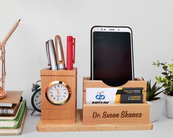 Desk Organizer Personalized Wooden Pen Holder Gift for Doctor, Nurses, Office Docking Station with Clock Desk Tidy