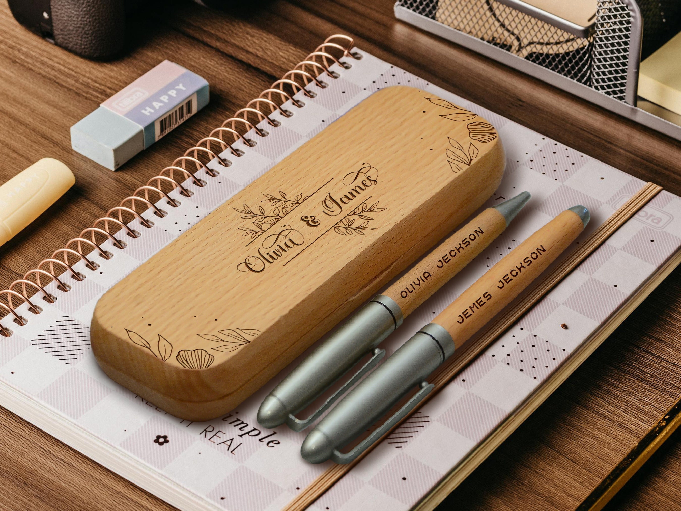 Engraved wooden Pens set Gift Personalized Pen and Case set for Couple, Wedding favor, Gift for Bride, Groom, Anniversary gift