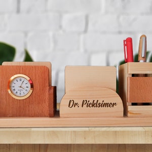 Personalized Wooden Desk Organizer With Watch- Office Stationery Organizer, Gift For Doctors, Fathers Day Gifts,  Custom Office Gifts