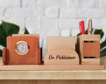 Wood Desk Organizer Custom Unique Gift For Him, Doctor, Nurse, Father, Office colleague Desk Tidy