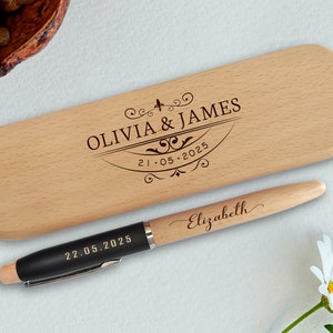 Elegante juego de bolígrafo y estuche, bolígrafos de madera personalizados, regalo artesanal para pareja, regalo de boda, testigo, aniversario de matrimonio
