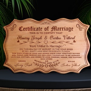 gravierte Heiratsurkunde, Hochzeit Andenken, Holz Geschnitzt, Jubiläum, Romantische Liebe Plaque Geschenk für Paar