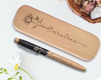 Personalized Wooden Pen Box Set: Engraved Rose Ballpoint Pen & Case