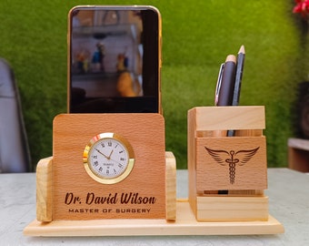 Personalized Desk Organizer Wooden Pen Holder Gift for Doctor, Nurse Docking Station with Clock Desk Tidy