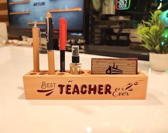 Engraved Wood Desk Organizer, Custom Pen & Card Holder