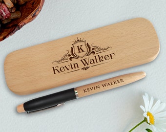 Personalized Wooden Pen and Case Set: Engraved Ballpoint Pen, Office Gift