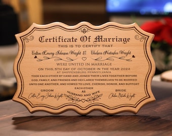 Engraved Marriage Certificate, Wedding keepsake, Wooden Carved, Anniversary, Romantic Love Plaque Gift for Couple