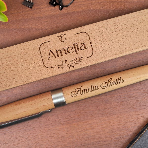 Étui à stylos en bois personnalisé avec nom gravé Stylos à bille Cadeau d'entreprise personnalisé pour meilleure amie Cadeau stylo en bois pour elle