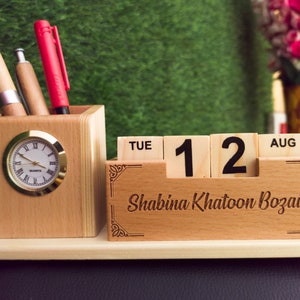 Personalized Wooden Desk Organizer: Pen Holder, Date Clock, Mobile Holder
