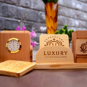 Organizador de mesa personalizado, estação de encaixe de madeira, caneta, móvel, suporte para cartão de visita, relógio de mesa arrumado