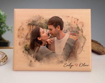 Custom Engraved Couple Photo on Wood: Watercolor Portrait