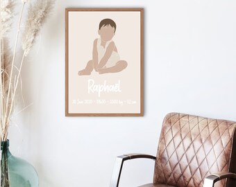Minimalist portrait, personalized baby birth poster, child's room decoration, little boy poster, Valentine's Day gift idea