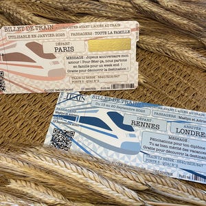 Billet de train à gratter sur mesure / Idée cadeau Noël / Carte d'embarquement unique / Bon pour