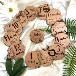Tarjetas de hitos del bebé de la jungla para tomar fotos cada mes, desarrollo del primer año del bebé