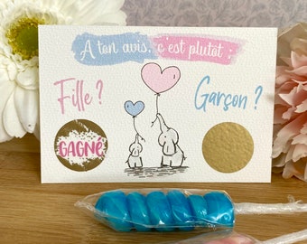 Carte à gratter annonce sexe de bébé originale, gender reveal Fille ou Garçon ? jeu pronostic.