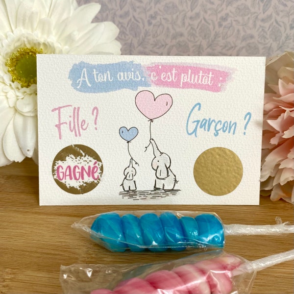 Carte à gratter annonce sexe de bébé originale, gender reveal Fille ou Garçon ? jeu pronostic.