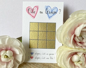 Carte à gratter annonce sexe de bébé originale, jeu du morpion gender reveal Fille ou Garçon ?