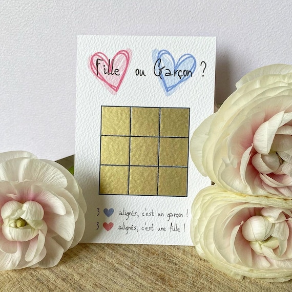Carte à gratter annonce sexe de bébé originale, jeu du morpion gender reveal Fille ou Garçon ?