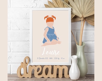 Minimalist portrait, personalized baby birth poster, child's room decoration, little girl poster, Valentine's Day gift idea