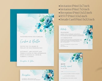 Wedding Invitation Set Template Turquoise Flowers, Editable Ocean Breeze Invites Bundle, Digital Template, Instant Download - BLUE SERENITY