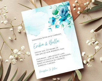 Wedding Invitation Blue Turquoise Flowers, Editable Ocean Breeze, Digital Template, Wedding Template, Instant Download - BLUE SERENITY