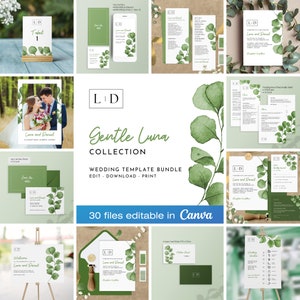 Wedding Invitation Set Template Gentle Eucalyptus,  Printable Minimalistic Leaves Invites Bundle Suite, Digital Download - GENTLE LUNA