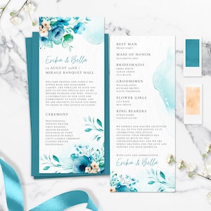 Hochzeit Programm Vorlage Blau Türkis Blumen, bearbeitbar Digital Ocean Breeze Zeremonie Programm druckbar, Sofort Download - BLUE SERENITY