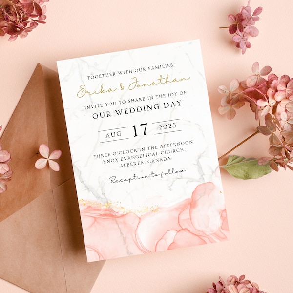Wedding Invitation Elegant Pastel Marble, Editable Minimalistic Gold, Digital Template, Wedding Template, Instant Download - ELEGANT MARBLE