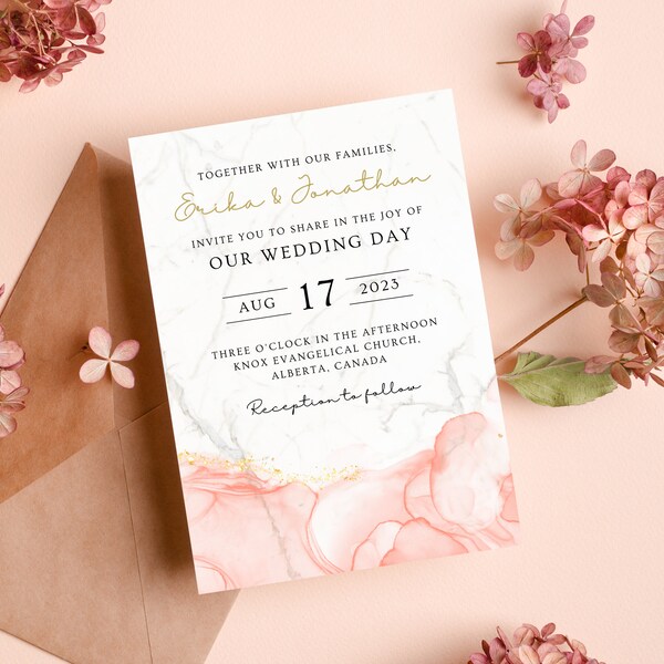 Wedding Invitation Elegant Pastel Marble, Editable Minimalistic Gold, Digital Template, Wedding Template, Instant Download - ELEGANT MARBLE