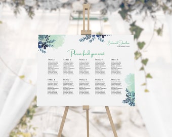 Wedding Seating Chart Card Printable Template Green Pastel Flowers, Editable Watercolor Flowers Seating Sign, Digital Download - LAYLA GREEN