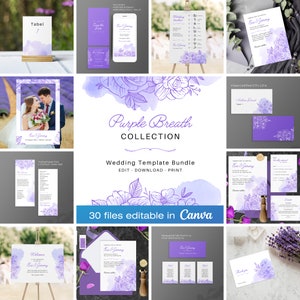 Wedding Invitation Set Template Pastel Purple Flowers, Printable Purple Watercolor Bundle Invitation Suite, Digital Download - PURPLE BREATH