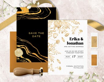 Editable Save the Date Golden Flowers, Editable Gold Yellow Flowers, Digital Save our date Template, Instant Download - GOLD FLOWERS