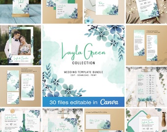 Wedding Invitation Set Template Green Pastel Flowers, Printable Watercolor Invites Bundle Invitation Suite, Digital Download - LAYLA GREEN