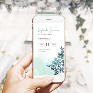 Elektronische Save the Date grüne Pastell Blumen, bearbeitbare Smartphone, digitale Save our Date Vorlage, Handy, Sofortiger Download - LAYLA GREEN