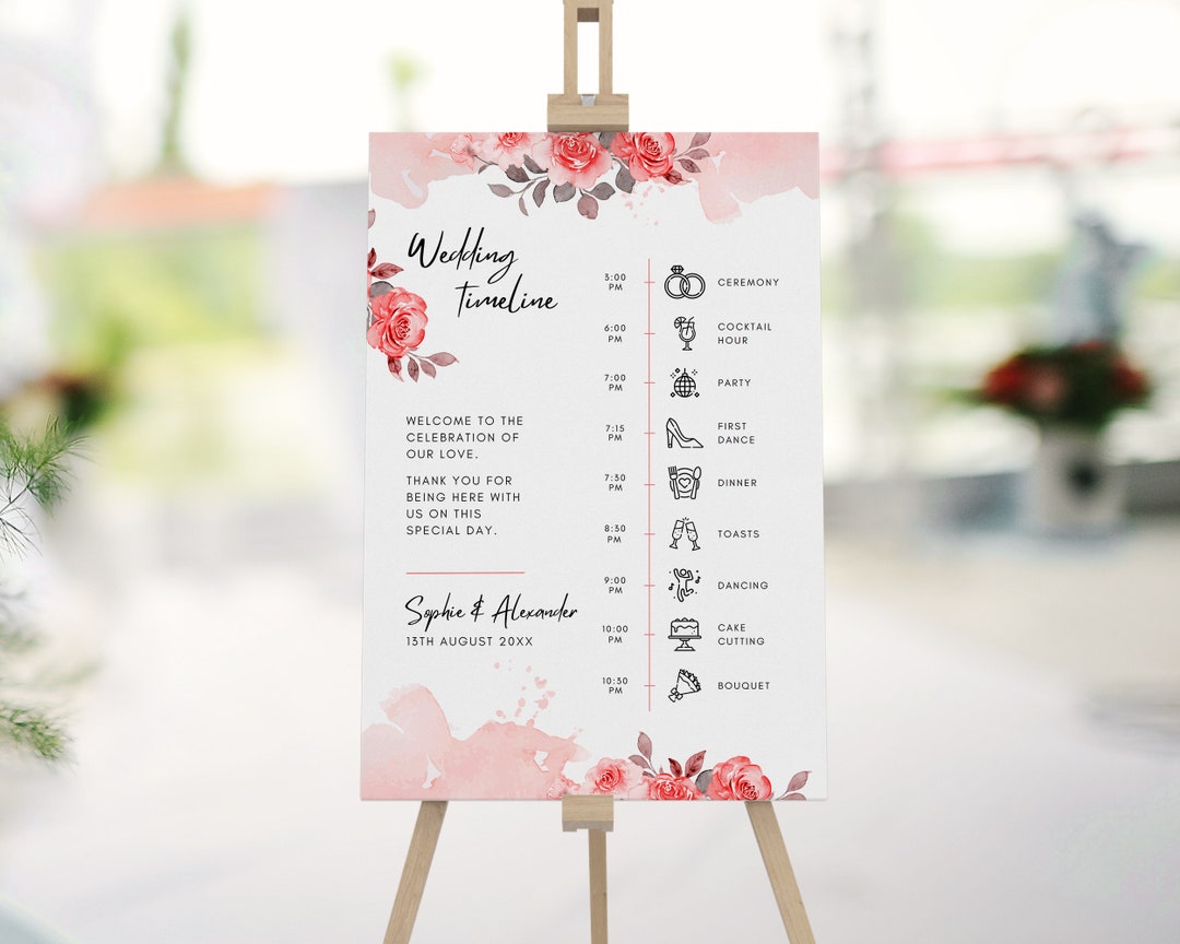 Wedding Timeline Pastel Roses, Printable Pink Roses Watercolor Order of ...