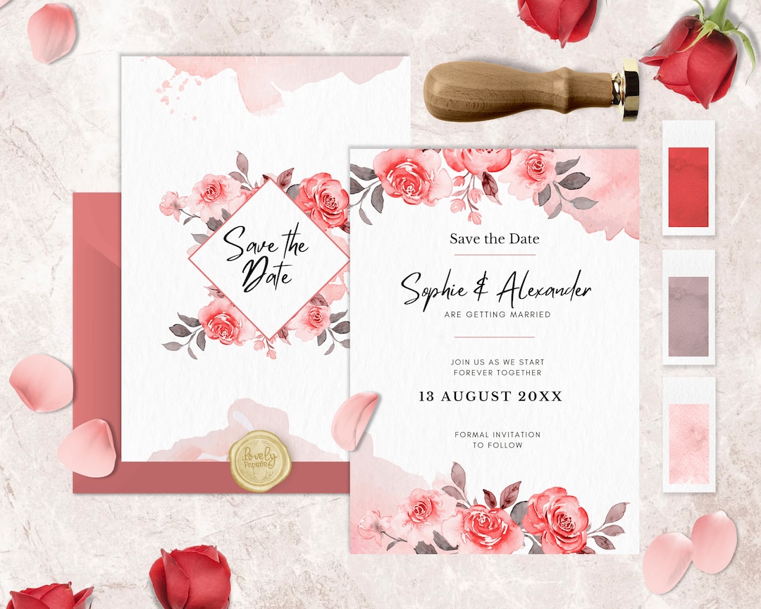 Editable Save the Date Pastel Roses, Editable Pink Roses Watercolor ...