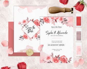 Editable Save the Date Pastel Roses, Editable Pink Roses Watercolor, Digital Save our date Template, Instant Download - BLUSHING ELEGANCE