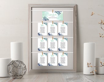 Green Pastel Flowers Hanging Wedding Seating Table Cards, Printable Watercolor Flower Find Your Seat, Digital Instant Download - LAYLA GREEN