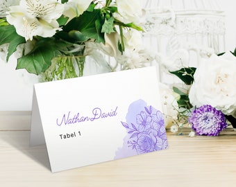 Plantilla de tarjeta de nombre de boda de flores de color púrpura pastel, tarjeta de lugar de acuarela púrpura imprimible, tarjeta de asiento de mesa, descarga digital - RESPIRACIÓN PÚRPURA