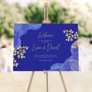 Wedding Gold Rings Leaves Welcome Sign, Printable Navy Blue Watercolor Welcome To Our Wedding Sign Template, Digital Download - ELEGANT LUNA