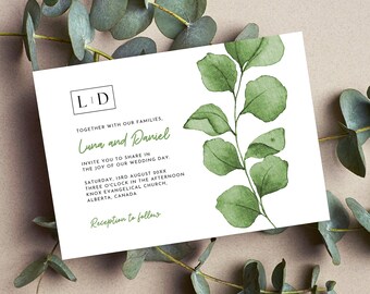 Wedding Invitation Gentle Eucalyptus, Editable Minimalistic Leaves, Digital Template, Wedding Template, Instant Download - GENTLE LUNA