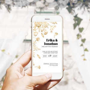 Electronic Save the Date Golden Flowers, Editable Gold Yellow Flowers, Digital Save date Template, Mobile, Instant Download - GOLD FLOWERS