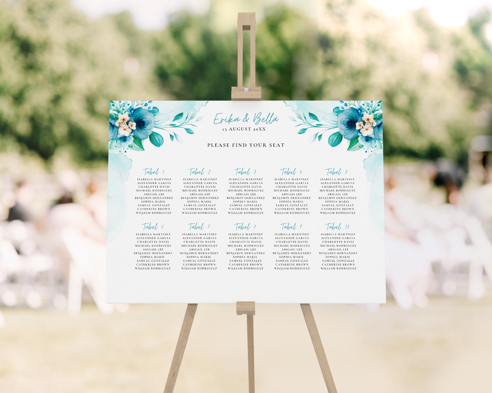Wedding Seating Chart Card Printable Template Blue Turquoise Flowers